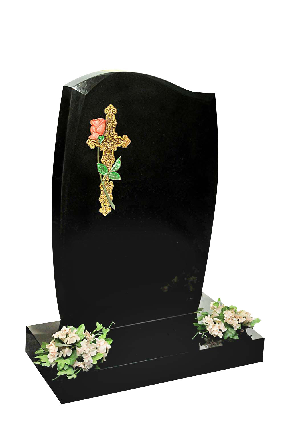 Black Granite Cross and Rose Headstone (ET117)